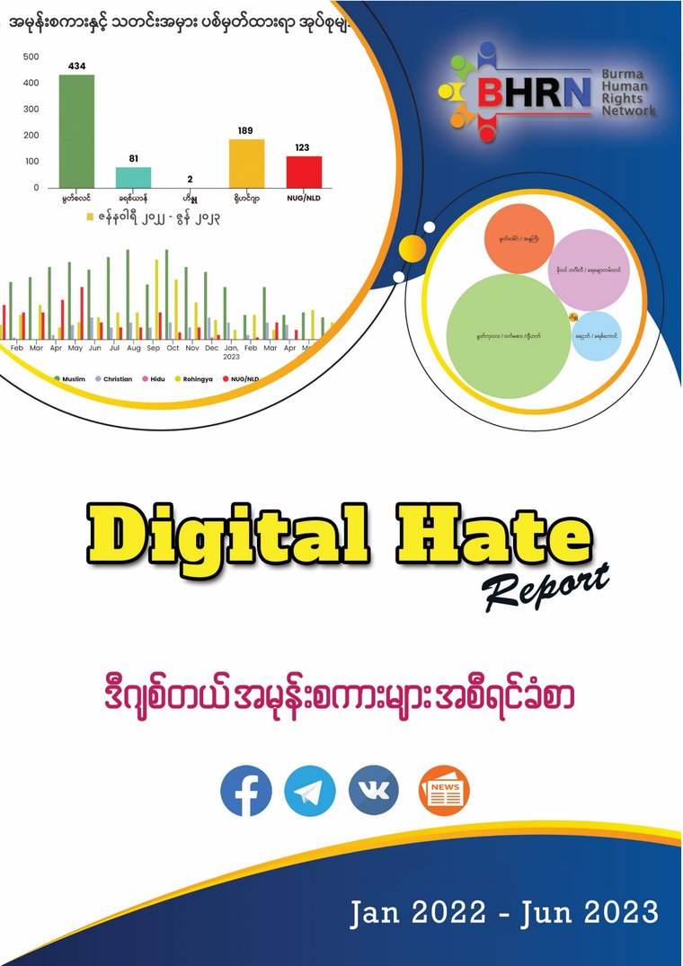 Report cover: ဒီဂျစ်တယ်အမုန်းစကားများ အစီရင်ခံစာ — ၂၀၂၂ ခုနှစ် ဇန်နဝါရီလ မှ ၂၀၂၃ ခုနှစ် ဇွန်လ