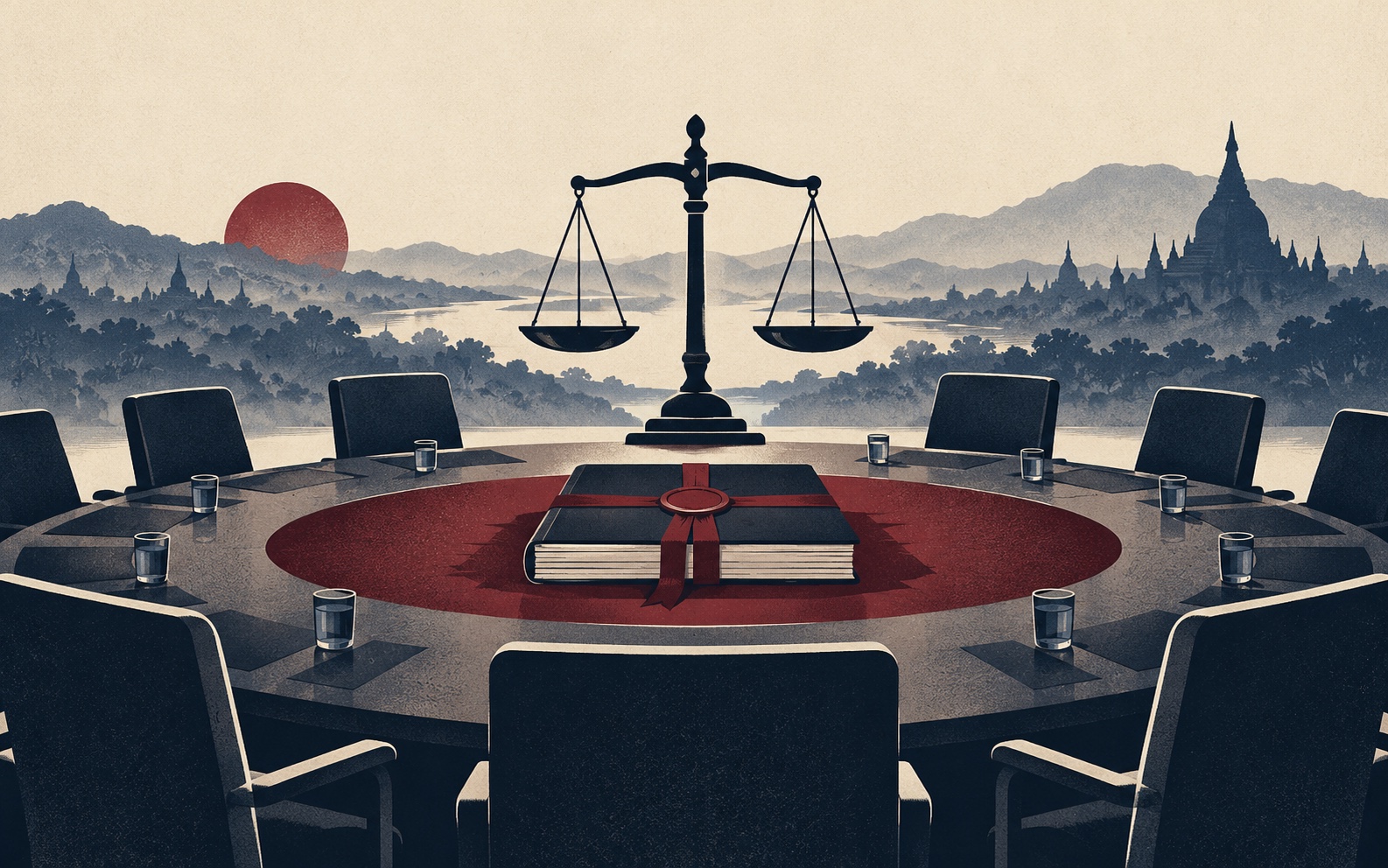 Editorial illustration of diplomatic responsibility and human-rights accountability
